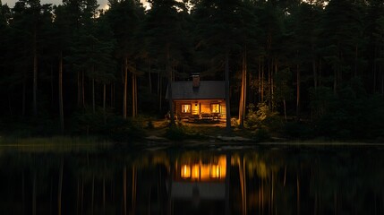 A serene lakeside cabin surrounded by dense forest with a calm lake reflecting the sunset