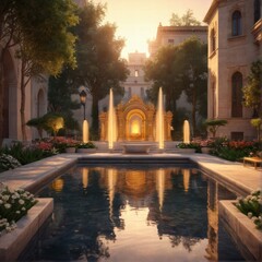 Golden Shrine Courtyard: A Serene Oasis of Tranquility and Reflection at Sunset