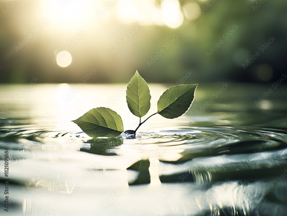 Poster a detailed side view of leaves glistening with water, sunlight creating a shimmering effect, the bal