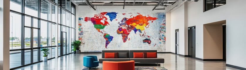 Modern office space with world map mural urban location interior design bright environment wide angle view cultural inspiration