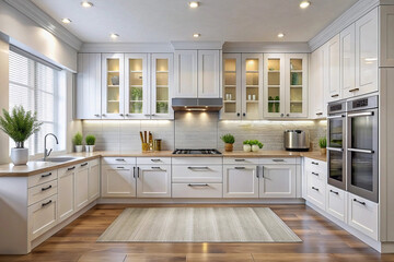 Modern white kitchen with hardwood floors, glass cabinets, and stainless steel appliances.