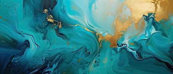 Abstract Oceanic Swirls with Gold Accents in Fluid Art Technique on Canvas