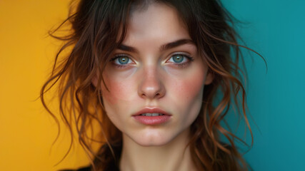 Naklejka premium Headshot of a beautiful, sensual female fashion model with loosely combed brown hair. She has an immaculate and radiant complexion. Skin care and cosmetics.