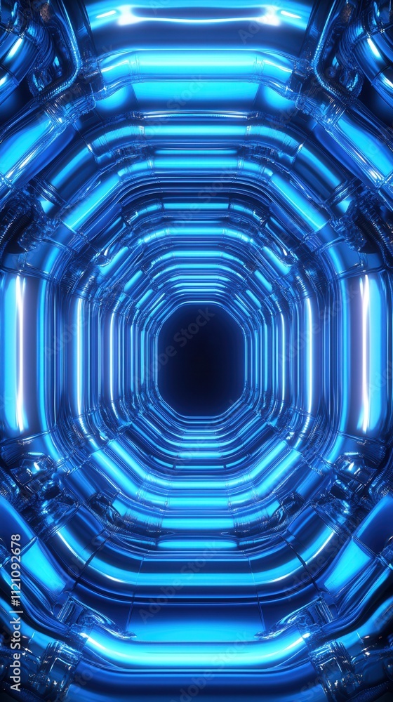 Poster a vibrant, futuristic tunnel illuminated by glowing blue lights, creating a mesmerizing, tech-inspir