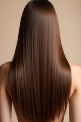 Fototapeta premium Woman with Long Straight Brown Hair Back View, Long Hairstyle, Healthy Hair, Perfect Hair, Studio Shot, Beige Background