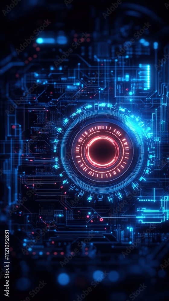 Poster a futuristic digital circuit design featuring glowing blue and red elements, centered around a circu