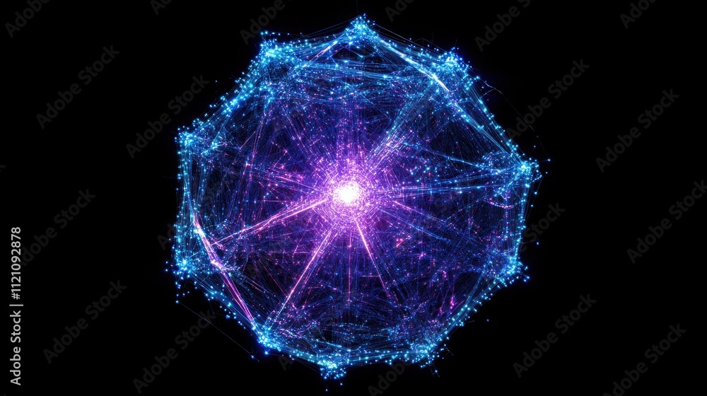 Poster Abstract glowing sphere with particles and energy radiating from its core on black background.