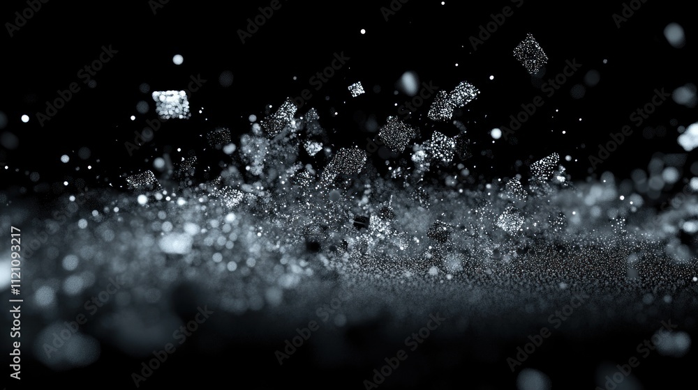Aufkleber abstract grayscale particles exploding against a black background.