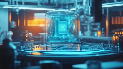 Futuristic microchip in a glass dome inside a high-tech laboratory.