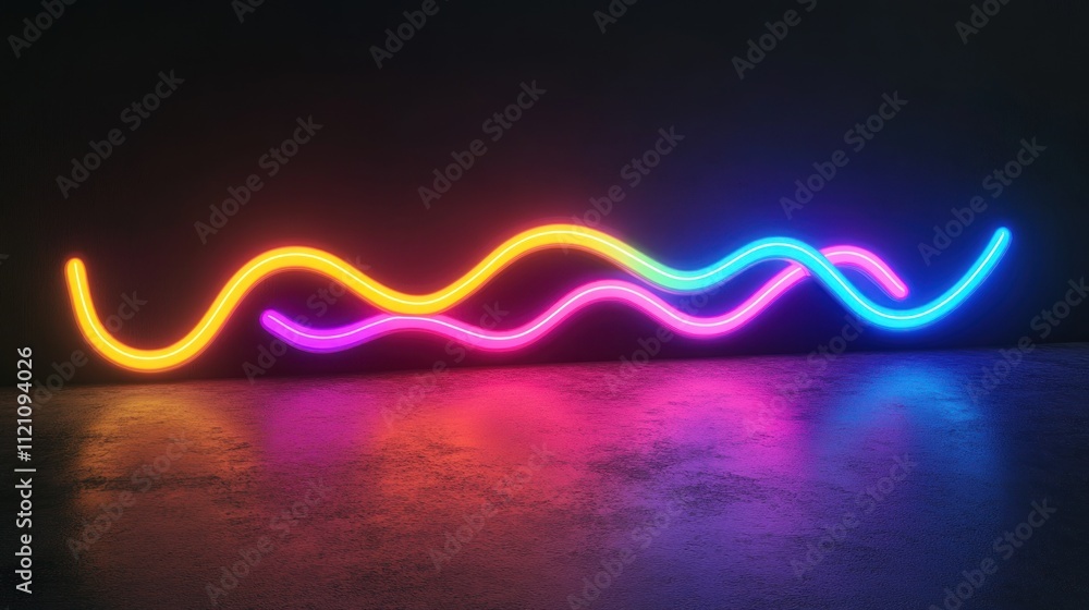 Poster abstract neon light waves on dark background with reflection.