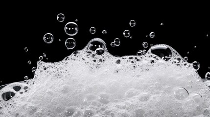 Frothy dish soap foam rising in a plastic basin, the intricate bubble structures highlighted on a solid black field