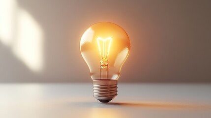 minimalistic single glowing light bulb placed on smooth white surface symbolizing ideas and inspiration with copy space