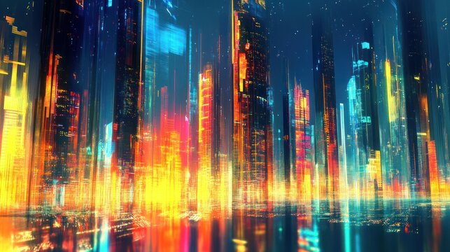 Futuristic abstract skyline of light trails, vertical and horizontal strokes blending into each other at breakneck speeds