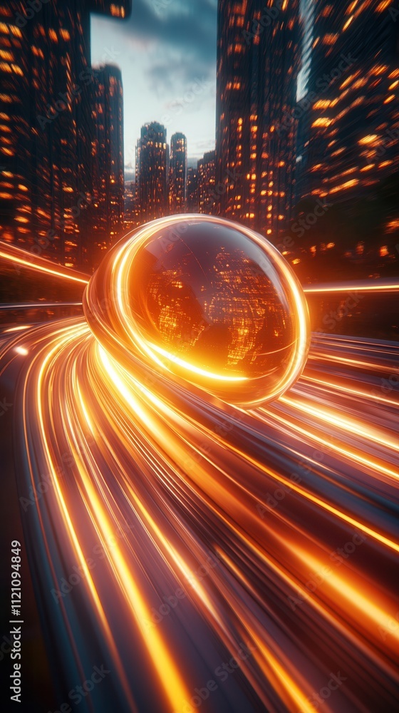 Poster a futuristic scene featuring a glowing orb speeding through a cityscape, with illuminated skyscraper
