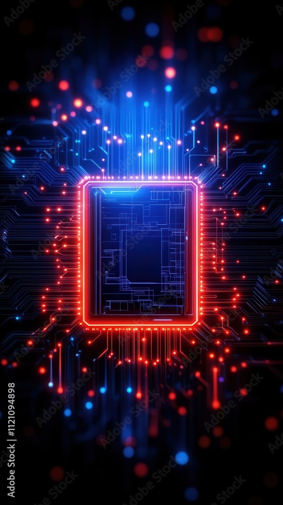 Poster a vibrant digital illustration of a microchip surrounded by glowing circuitry, emphasizing technolog