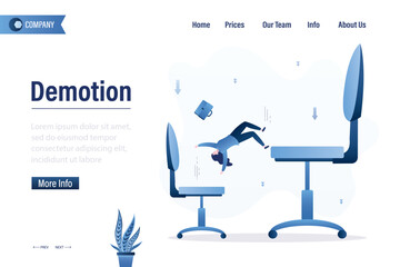 Demotion, landing page. Businesswoman loser fall down from giant office chair. Regress, economic crisis or career stumble. Business risk, mistake or failure,
