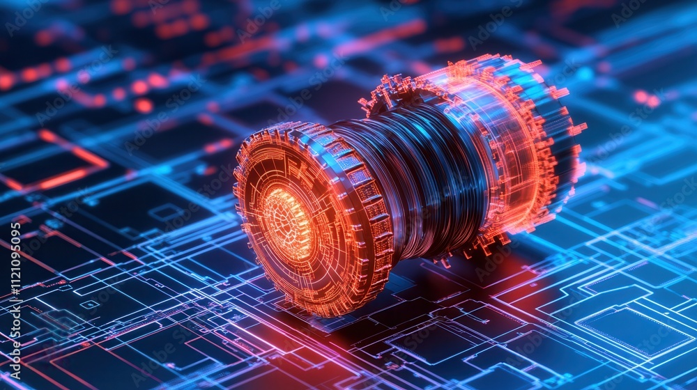 Poster a futuristic, glowing object rests on a digital circuit background, blending technology and imaginat