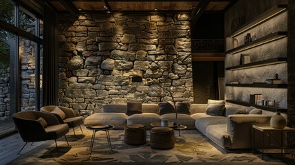 chic living room with textured stone.