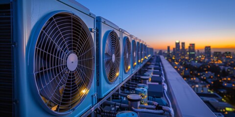 Long rows of cooling tower sets, cooling fans in the data center room