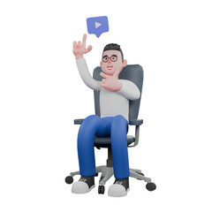 Professional Video Editing 3D Cartoon Model. A male video editor sits with his left hand on his chin, and his right hand pointing upwards, eureka expression. Professional Model.