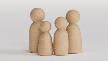 Happy family with one child and heart emotion on wooden background. Wood doll character. Togetherness relationship and lifestyle concept.3D rendering on white background.