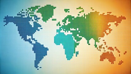 Pixelated World Map in Gradient Hues Showing Continents