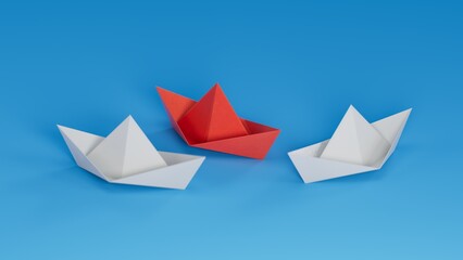 Obraz premium Different business concept.new ideas. paper art style. creative idea.leader boat concept, blue leader boat leading white boats.3D rendering on blue background.