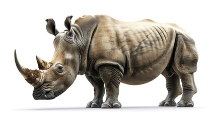 Fototapeta premium Strong rhinoceros with thick skin standing on white.