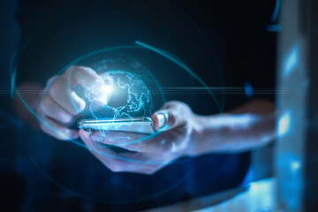 Fototapeta premium Digital Data transformation Hand touching the Metaverse Universe, A Conceptual Shift in Digital Transformation for Next-Generation Technology.