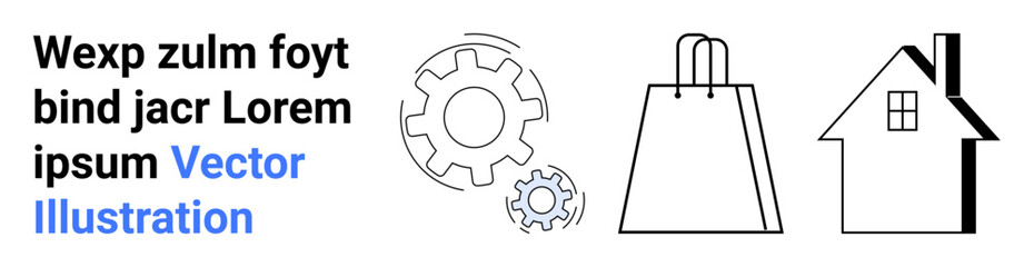 Gears in motion, a shopping bag, and a house are depicted alongside placeholder text. Ideal for manufacturing, retail, real estate, business, technology industry and home themes. Landing page