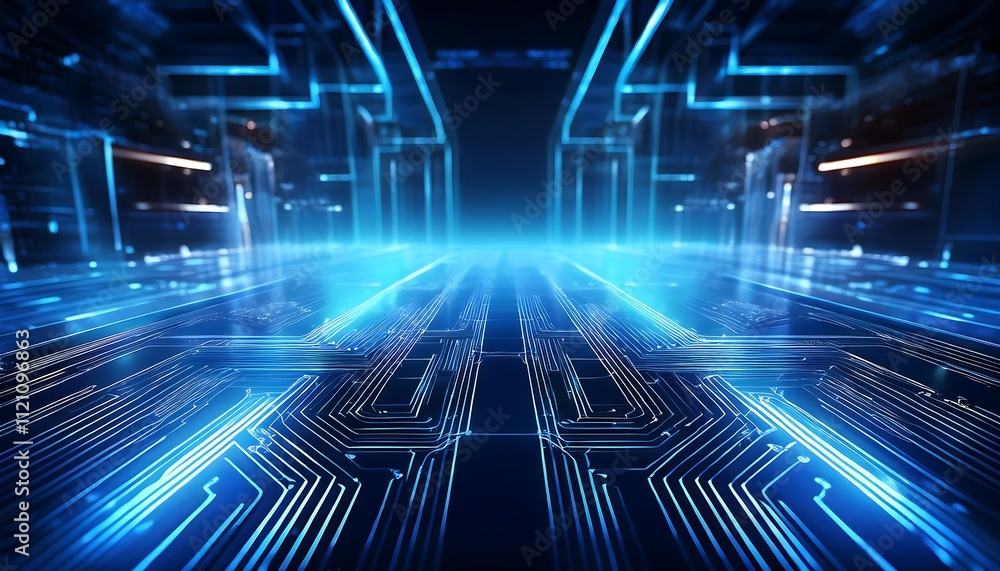 Poster Futuristic digital circuit design with glowing lines.
