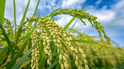 Close-up of green rice ears in paddy field on sunny day
