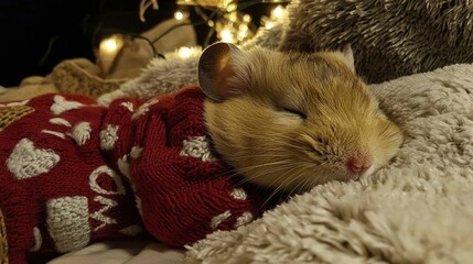 Adorable Hamster in Cozy Christmas Sweater Sleeping Soundly
