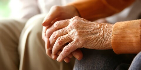 Fototapeta premium A doctor gently holding an elderly patientâ€™s hand, offering reassurance and care, with both seated in a calm, comfortable environment.