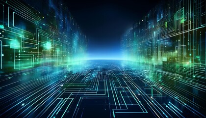 Abstract digital landscape with glowing circuitry.