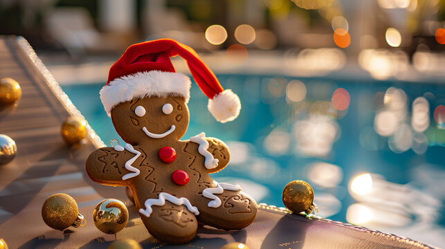 Gingerbread Man with Santa Hat Relaxing by a Poolside with Christmas Ornaments