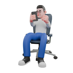 Professional Video Editing 3D Cartoon Model. A male video editor sits with his right hand holding a cellphone while looking at it, and his left hand clenched. Professional Model.