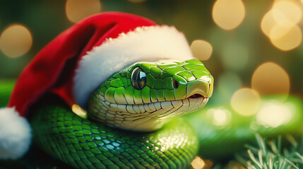 Fototapeta premium A green snake wearing a red Santa hat is nestled among Christmas tree branches with blurred holiday lights in the background, creating a festive atmosphere