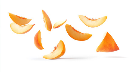 Fototapeta premium Juicy Peach Slices Falling White Background Fresh Fruit