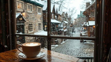 a cozy winter scene, drinking coffee in an old town while it snows © Salander Studio