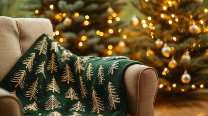 a green blanket with a christmas tree pattern spread over an armchair at home