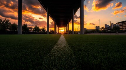 Sunset View Through Urban Bridge Structure Over Green Turf Field