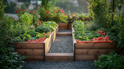 Lush Vegetable Garden with Raised Wooden Beds Surrounded by Vibrant Flowers, Showcasing Fresh Vegetables in an Urban Rooftop Setting