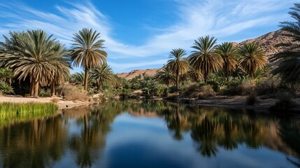 Obraz premium A tranquil desert oasis with palm trees, a small pond, and a clear blue sky 
