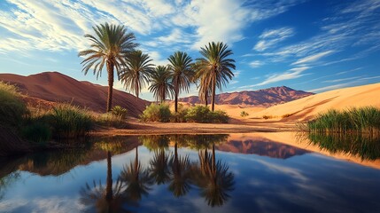 Fototapeta premium A tranquil desert oasis with palm trees, a small pond, and a clear blue sky 