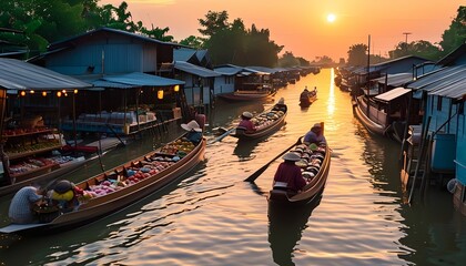 Obraz premium Busy floating market scene at sunrise amphawa thailand nature photography serene environment reflective viewpoint cultural experience