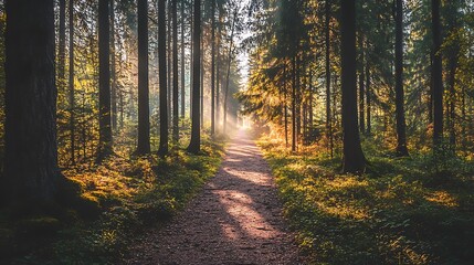 Fototapeta premium A tranquil forest trail with tall trees on either side and sunlight streaming through the canopy