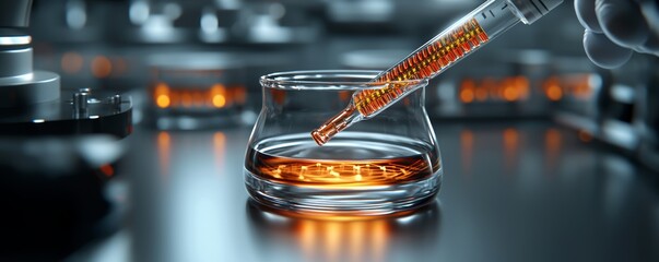 A laboratory scene featuring a pipette transferring amber liquid into a glass container, highlighting precision and scientific experimentation.