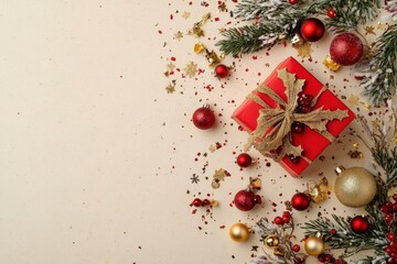 New Year magic in making! Top view of craft paper gift box- red and gold baubles- mistletoe- frosted fir branches- jingle bell- confetti bedazzle soft beige setting. Ideal for festive announcements