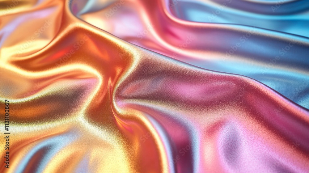 Poster Delicate folds of a colorful iridescent fabric shimmer and change in light, showcasing a stunning display of rainbow hues. The light dances across the surface, creating a mesmerizing visual effect